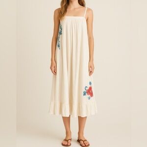 Johnny Was LA JWLA White Embroidered Babydoll Midi Dress size Large $178